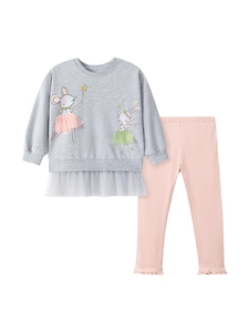 Set bambina con felpa grigia motivo coniglietto e leggings rosa a righe in maglia