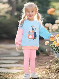 Girls Casual Autumn Long Sleeve Sweatshirt And Pants Set Cartoon Insect Applique Cotton Two Piece Outfit For Toddlers
