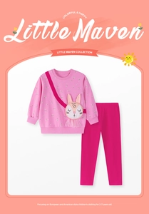 Detail of pink floral sweatshirt with 3D bunny bag and magenta leggings for girls