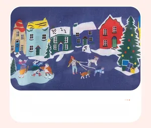 Dettaglio vestito da bambina blu navy con stampe colorate di città invernali