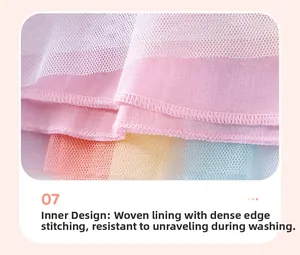 Dettaglio macro di tulle arcobaleno e fodera rosa con cucitura overlock densa e durevole