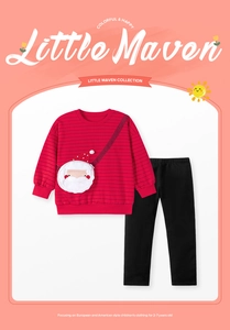 Detail of Christmas themed toddler girl cotton sweatshirt with Santa applique and striped pants