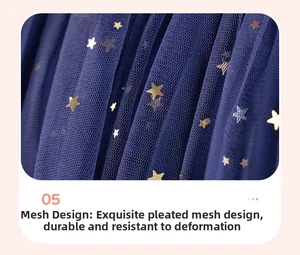 Dettaglio dell'abito in tulle blu navy con paillettes dorate e trama a pieghe fitte