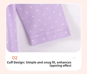 Détail de la manche d'une robe pour enfant violette à pois avec une finition en tricot