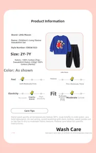 Size chart and fabric details of a blue cotton sweatshirt featuring a koala print