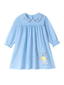 Hellblaues Langarm-A-Linien-Kleid für Mädchen mit Sternenstickerei und Mausmotiv