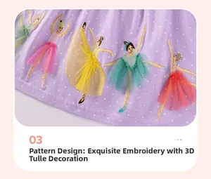 Détail de broderie ballerine avec jupes en tulle 3D colorées sur robe violette à pois