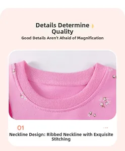 Close-up of pink floral kids sweatshirt featuring ribbed collar and flatlock stitching