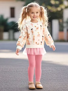 Little Maven Κοριτσίστικο Casual Φθινοπωρινό Σετ Μακρυμάνικο Φούτερ Με Σχέδιο Μπαλαρίνα και Ροζ Κολάν Με Τούλι