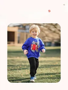 Detail of royal blue cotton sweatshirt featuring a koala print and red 3D pocket for boys