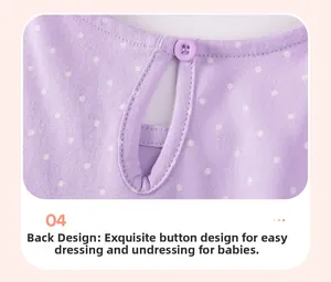 Détail du dos de la robe bébé violette en coton avec ouverture goutte et fermeture bouton