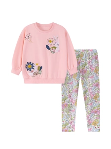 Ensemble fille avec sweat rose brodé à manches longues et pantalon à imprimé floral