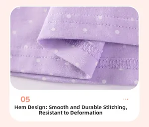Gros plan détaillé de l'ourlet à double couture sur une robe coton à pois violets