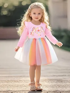 Vestito da Bambina Rosa a Manica Lunga in Cotone Con Ricamo Unicorno Gonna in Mesh di Tulle Arcobaleno Dolce Tutu da Festa