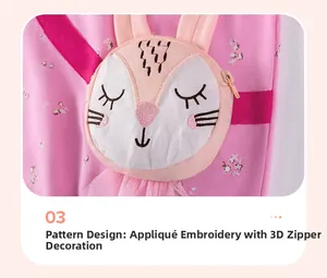 Detail of pink cotton girl's outfit with bunny applique embroidery and zipper pocket