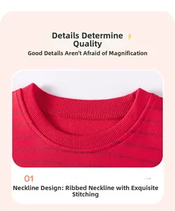 Detail of red striped cotton sweatshirt featuring a durable ribbed crewneck with fine stitching