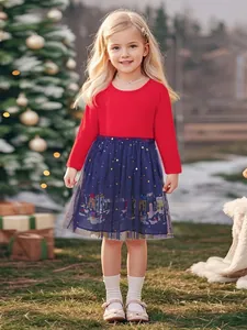 Abito di Natale a Maniche Lunghe per Bambina Top in Cotone Rosso Gonna in Tulle Mesh Blu Navy Con Stelle Oro Stampate Abito Festa