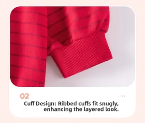 Detail of red striped cotton sweatshirt with elastic ribbed cuffs for toddler girls
