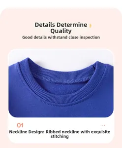 Detail of navy blue cotton sweatshirt featuring a ribbed crew neck and flatlock seams