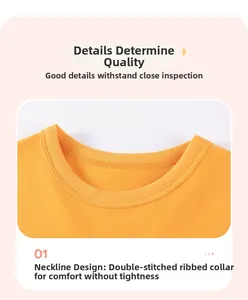Detail eines gelben Baumwoll-T-Shirts mit doppelter Naht am elastischen Rundhalsausschnitt