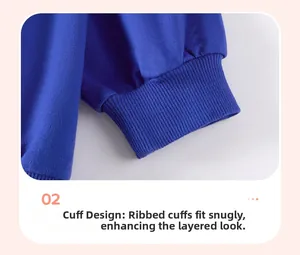 Close-up of blue cotton sweatshirt with elastic ribbed cuffs for boys and toddlers