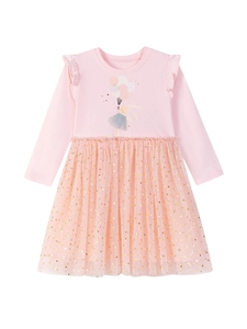 Rosa Langarmkleid für Mädchen mit Hasen-Print und goldenem Pailletten-Tüllrock