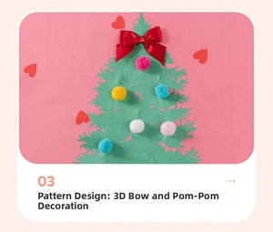Detail of girls' Christmas pink fabric with 3D pom-poms and bow on a green tree