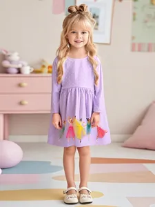 Robe à Manches Longues en Coton pour Filles Lavande Violet à Pois Broderie Danseuse de Ballet Tutu en Maille 3D Automne