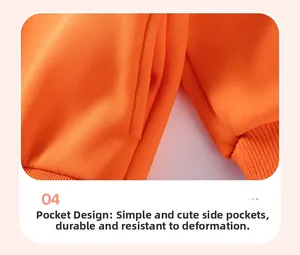 Detail view of orange children hoodie side pockets with durable ribbed cuffs design