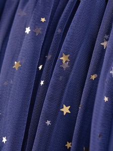 Abito in tulle blu scuro per bambine con stelle dorate mostrato in un primo piano