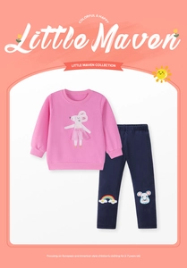 Detail of pink sweatshirt with 3D mouse embroidery and rainbow patch joggers set