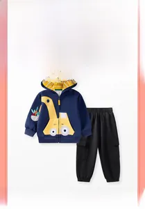 Detail of navy toddler hoodie with yellow excavator embroidery and cargo pants outfit