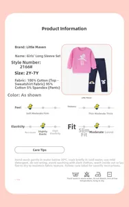 Size chart and fabric care details for girls' cotton sweatshirt and rainbow pants set