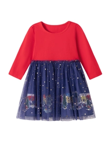 Abito festivo da bambina rosso a maniche lunghe con gonna in tulle a stelle e stampa invernale