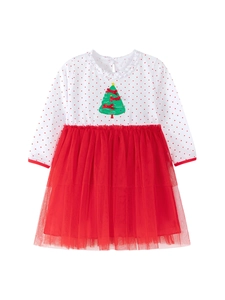 Robe de Noël pour filles à manches longues avec jupon en tulle rouge et broderie sapin