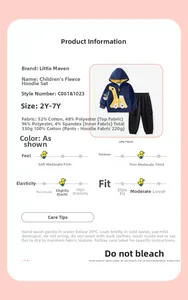 Detail view of boys' navy fleece hoodie set with yellow construction vehicle print