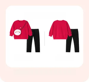 Front and back views of a red cotton Christmas sweatshirt set with Santa Claus design