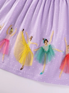 Robe fille en coton violet à pois blancs avec broderie ballerine en tulle 3D