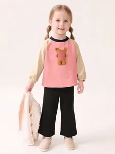 Little Maven Girls Cotton Patchwork Long Sleeve Top And Black Wide Leg Pants Autumn Casual Toddler Boutique Clothing With Bear Patch