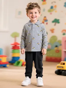 Ensemble Haut Manches Longues et Pantalon Garçon Gris Imprimé Pelleteuse Polo et Pantalon Cargo Noir Automne