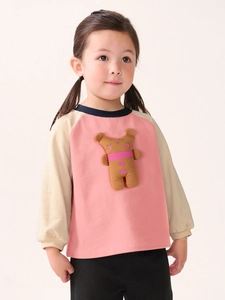 Pink and beige girls long sleeve cotton sweatshirt with a cute stuffed bear decoration