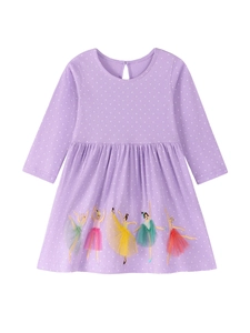 Robe violette à pois pour fillettes avec broderies de ballerines en tulle 3D