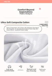 Detail showing soft cotton-polyester blend fabric specs and 330g fleece lining material