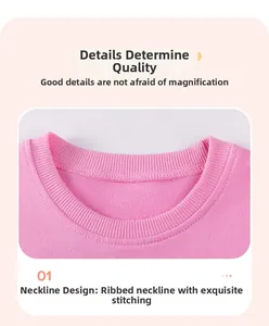Close-up of pink knit sweatshirt ribbed crew neck with flatlock stitching detail
