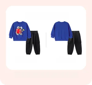 Front and back view of a blue toddler sweatshirt with koala print and black cargo pants