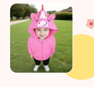 Detail view of pink cotton hoodie with 3D unicorn horn and embroidered ears for girls