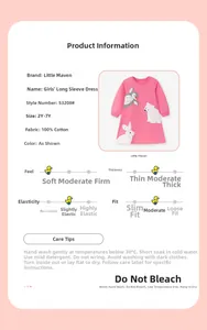 Pink cotton long sleeve girl dress featuring arctic animal embroidery with size chart details