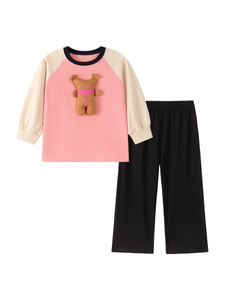 Pink and black two-piece cotton long-sleeve pajama set featuring a 3D plush bear motif