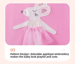 Detail of pink toddler outfit featuring white bunny appliqué with floral embroidery