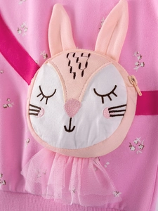 Pink floral girls long sleeve sweatshirt with cute 3D bunny pocket and tulle trim